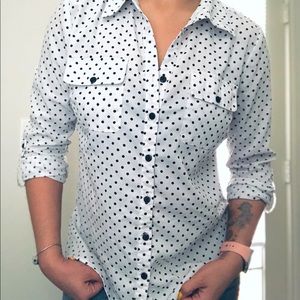 White Polka Dot Button Down Office Shirt